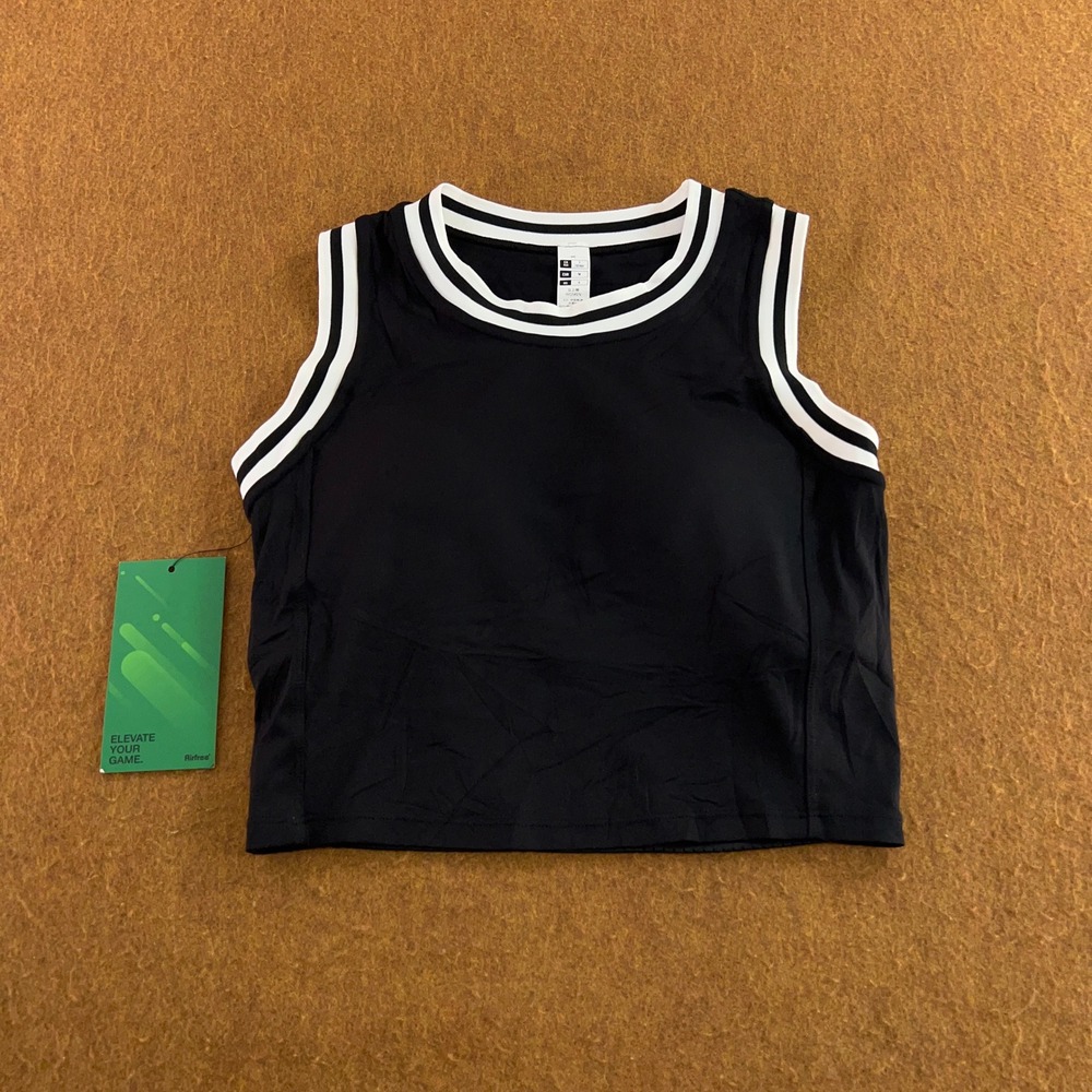 Airfree Women Small Black Striped Mesh Back Padded Athletic Crop Top NWT